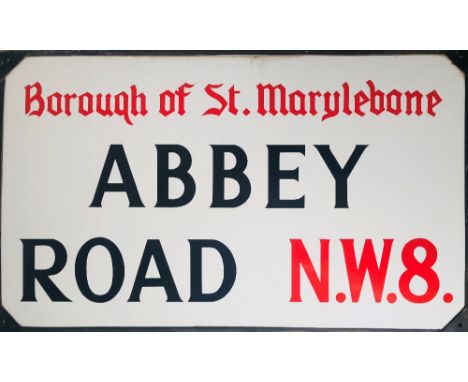 ABBEY ROAD ORIGINAL STREET SIGN. A metal and enamel road sign to read 'Abbey Road NW8 Borough of St Marylebone' which would h