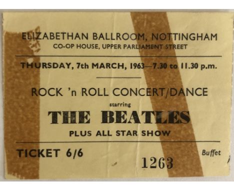 BEATLES ELIZABETHAN BALLROOM NOTTINGHAM 1963 TICKET. From the Rock n Roll dance starring The Beatles on Thursday 7th March 19