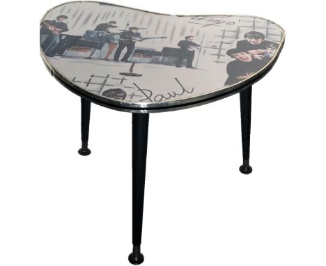 BEATLES 1960S TABLE. An original side table circa 1960s with Beatles print. Measures approx 35cm tall, 35cm diameter. Very go