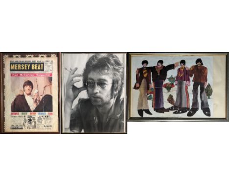 BEATLES FRAMED. Three framed items to include: Paul McCartney - Mersey Beat framed poster (27.5x37.5"), John Lennon - The Ima