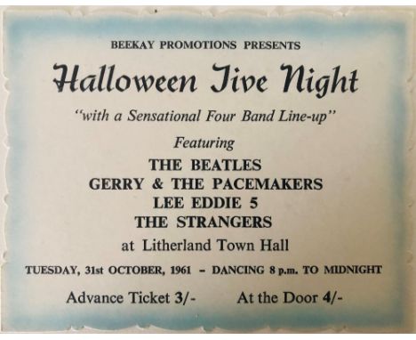 THE BEATLES HALLOWEEN JIVE NIGHT 1961 TICKET. Held at Litherland Town Hall on the 31st October 1961 and starring The Beatles,