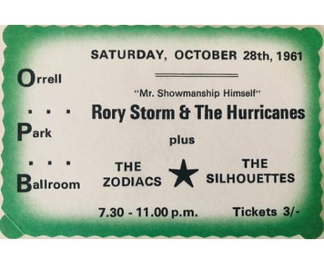 RORY STORM 1961 TICKET. An original card ticket for a date with Rory Storm and the Hurricanes performing at Orrell Park Ballr