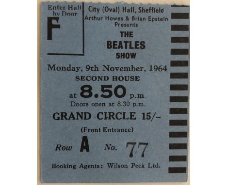 BEATLES CITY HALL SHEFFIELD 1964 TICKET. From The Beatles Show on the 9th November 1964. In very good condition - mark on rev