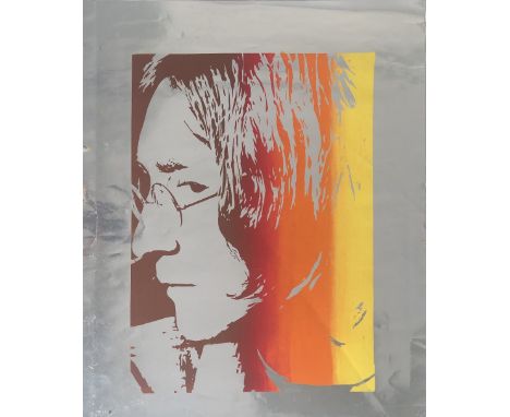 ANDY WARHOL JOHN LENNON SILKSCREEN PRINT. An image of John Lennon silkscreen printed on silver card in shades of brown, red, 