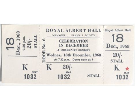 1968 UNUSED JOHN AND YOKO ROYAL ALBERT HALL TICKET. A complete ticket for the 1968 'Celebration in December' event which feat