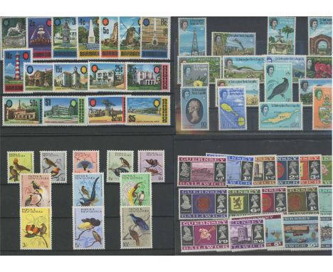 Barbados 1970 set U/M, Gibraltar 1971 set U/M, Guernsey 1969 set U/M, PNG 1964 Bird set U/M &amp; St Kitts 1963 set M/M. STC 