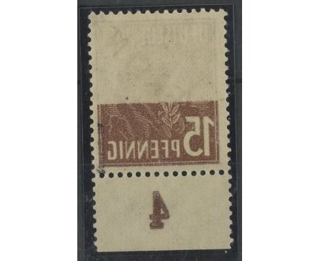 1948 15pf brown with offset on reverse covering nearly half of the stamp. U/M, fine.