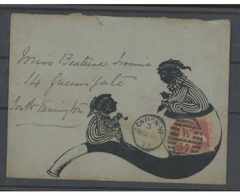 1877 hand illustrated envelope with a caricature of two children on a smoker's pipe. Slit open, two small tears at top.