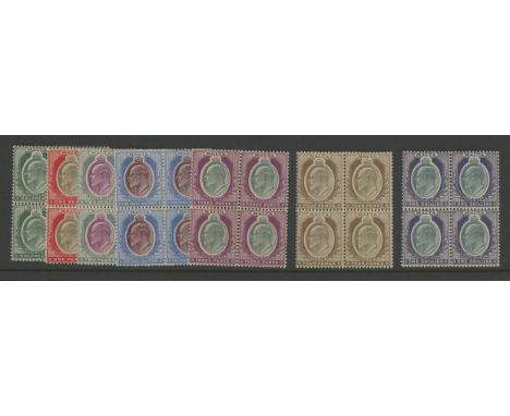 1903-04 wmk Crown CA set in Mint (mostly U/M) blocks of 4. SG 38-44 Cat £520 (as M/M) (28)