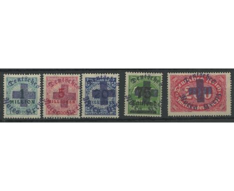 1930s inflation stamps overprinted with swastika &amp; "Deutsches Rotes Kreuj" (German Red Cross). U/M, fine. (5)