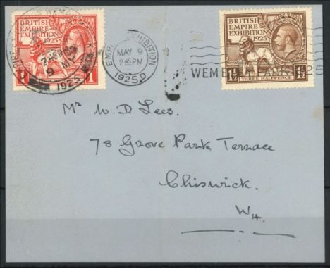 1925 Wembley plain FDC front only with both Empire Exhibition Wembley Park H/S &amp; slogan. Handwritten address, light verti
