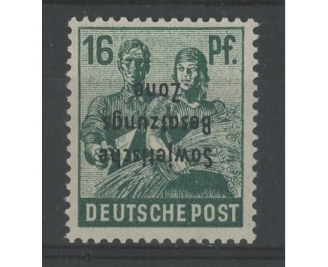 1948 Russian Zone 16pf with Overprint inverted U/M, fine. SG R7 var.