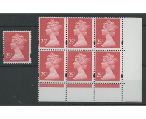 25p red OFNP/PVAD with Wide Band at Left single + bottom right corner block of 6. U/M, fine. (7)