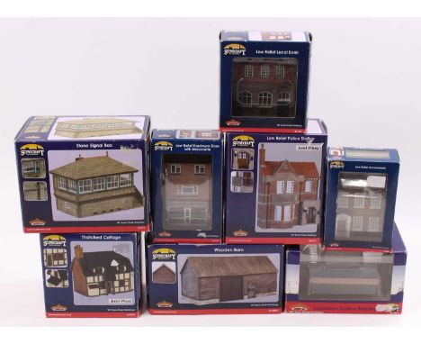 Scenecraft by Bachmann buildings: 44-0019 Thatched Cottage; 44-176 Stone Signal box; 44-271 Low Relief Police Station; 44-073