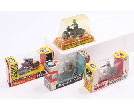 Four boxed Britains motorcycles to include No. 9692 US Sheriff police patrol car, No. 9698 British Army dispatch rider, anoth