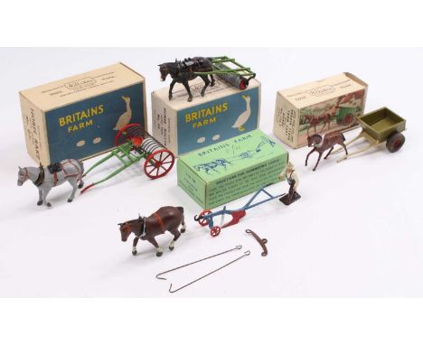 A collection of Britains lead hollow cast horse drawn farming equipment to include a No.126F Rubber tyred farm cart, No. 142F
