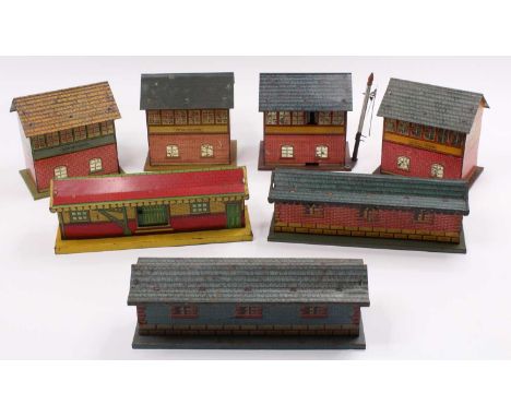 Tray containing Brimtoy items: four signal boxes – Castle Hill Crossing; Top Hill Mill Siding; Brook Road and one un-named bu