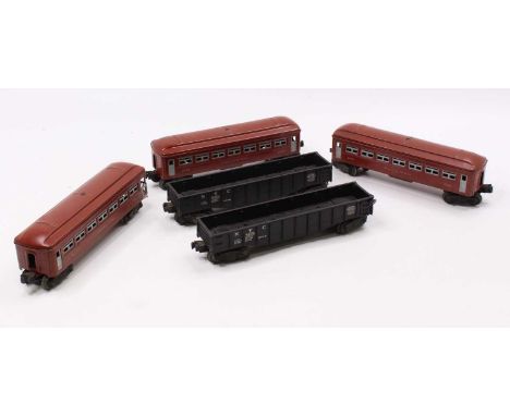 Three 0-gauge Lionel bogie coaches, brown with grey window frames: two x 2442 ‘Pullman’ &amp; one 2443 ‘Observation’ car. All