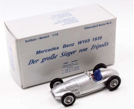 CMC Exclusive Models, No. M-018 1/18 scale model of a Mercedes Benz W165 1939 race car finished in silver, housed in the orig