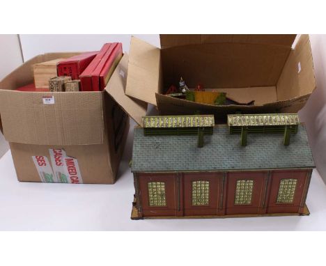 Hornby 0-gauge items: No.2 clockwork engine shed, missing all doors and with noticeable corrosion in places; 2 x No.1 post-wa