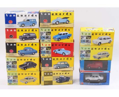 12 various Lledo Vanguards 1/43rd scale diecasts, with examples including an Austin 7 Mini, a VW Beetle Cabriolet, a Land Rov