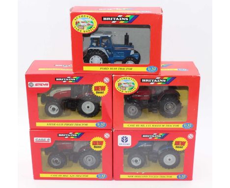 A Britains 1/32 scale tractor diecast group to include a No.00227 Case MX135 Maxxum Tractor, a No.9527 Ford 5610 Tractor, etc