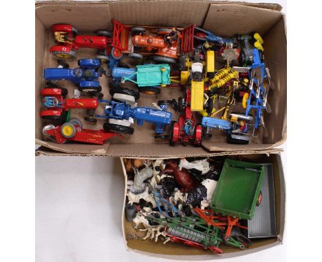 Two boxes containing a quantity of Britains and similar scale diecast and lead hollow cast tractors, implements, and farm ani