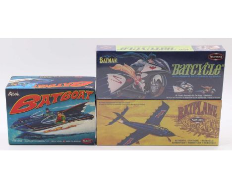 Polar Lights boxed Batman 1/25 and similar scale kit group to include Bat Boat, Bat Cycle, and Bat Plane, all housed in origi