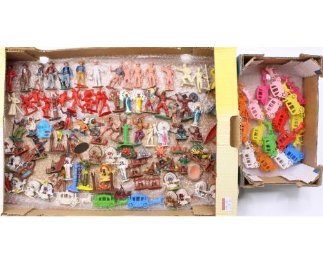 Two trays containing various Marx, Britains, Starlux and similar release plastic figures together with a quantity of English 