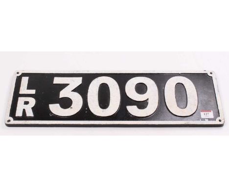 An original metal No. 3090 Light Railway Simplex tin turtle train number plaque, white on black example, circa 1920s, 54x17cm