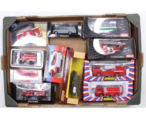 One tray containing a quantity of mainly 1/43 scale fire and emergency services diecast vehicles to include a Schuco Mercedes