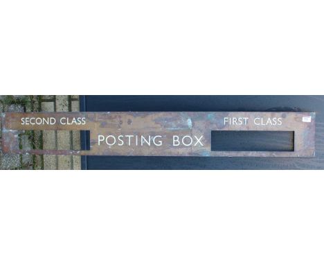 An original British Railways brass posting box sign, one side to read Second Class, the other First Class, with postal slots 