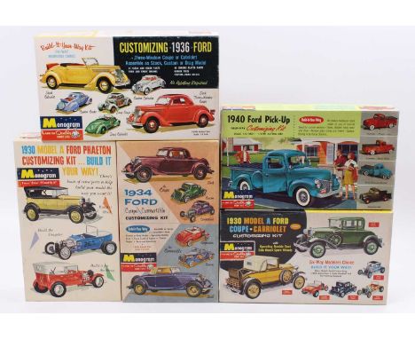 Monogram 1/24th scale boxed model kit group, 5 examples including a 1930 Model A Ford Coupe, a 1940 Ford Pick-Up, a 1934 Ford