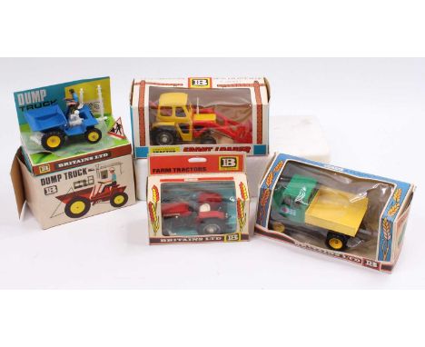 One box containing four various boxed Britains farming tractors and implements to include a No. 9572 Massey Ferguson Front Lo