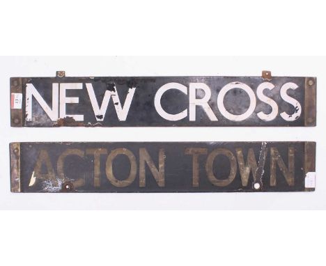 A pair of London Underground enamel destination boards Acton Town/Shoreditch, and New Cross/New X Gate. Chipping to the base 