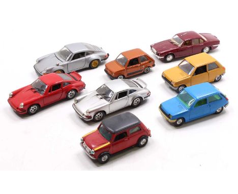 A collection of eight various mainly 1/24 scale diecast vehicles to include a Polistil Jaguar XJ 4.2, a Nackerol Renault 5, a