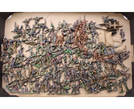 One tray containing a quantity of vintage lead toy soldiers by Britains, Timpo, Charbens and similar, large job lot of approx