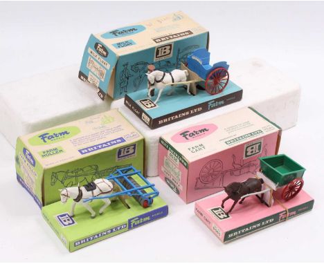 A collection of three various Britains 1/32 scale horse drawn farming accessories to include a No. 9504 Farm roller, No. 9500