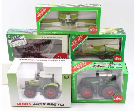 A Siku and Universal Hobbies 1/32 scale boxed tractor and farm implement diecast group to include a Universal Hobbies Claas A