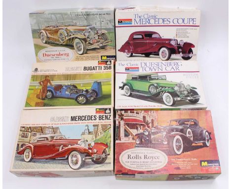 Monogram Classic 1/24th scale model kit group, 6 examples comprising a Bugatti 35B, 2x Mercedes Benz 540K, 2x Duesenberg Mode