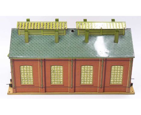 1928-33 Hornby No.2 Engine Shed, clockwork, yellow cream base, ridge tiles same colour as roof tiles – blue, inside of doors 