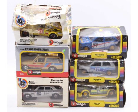 A collection of six various boxed Burago 1/24 scale diecast vehicles to include a Fiat Panda, Mini Metro, Mercedes London-Syd