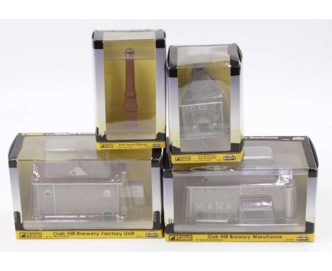 Four Graham Farish N-gauge Scenecraft buildings: 42-256 Oak Hill Brewery Warehouse; 42-057 Oak Hill Brewery Factory unit; 42-