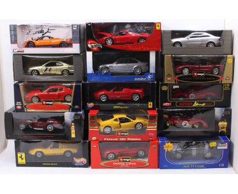 15 mixed 1/18th scale diecasts, with examples including a Hot Wheels Ferrari Dino 246GT, a Burago Dodge Viper SRT/10, a Revel