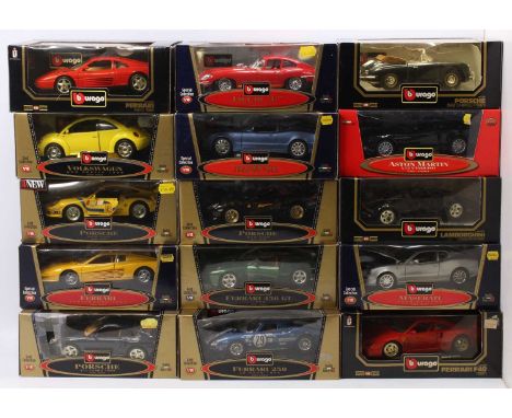 15 Burago 1/18th scale diecasts, with examples including a Ferrari 250 Le Mans 1965, a Porsche GT3 Cup, a Volkswagen (New) Be