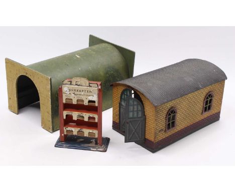 Bing single road engine shed, 0-gauge, complete with double doors but catch is broken, bottom three rows of brick are brown, 