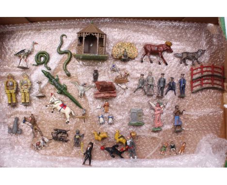 A collection of unusual and scarce vintage lead figures to include a Pixyland Kew peacock, a Jo Hill co Gazebo, a Charbens do