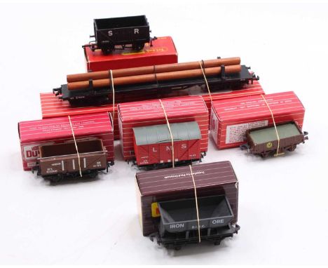 Five non-Dublo wagons fitted with Dublo couplings: Iron ore hopper by P.Draycott; LMS Shocvan; 12 ton absorbing shock open wa