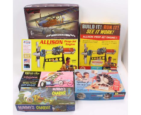 A collection of mixed model kits to include an Atlantis 1/10th scale Allison model 501-D13 Prop-Jet Engine, a Wingnut Wings 1