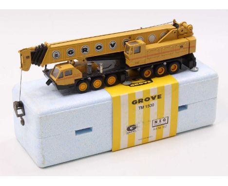 NZG No. 152 1/50 scale model of a TM1500 Grove 6 axle construction crane, finished in yellow and black with Grove livery, hou